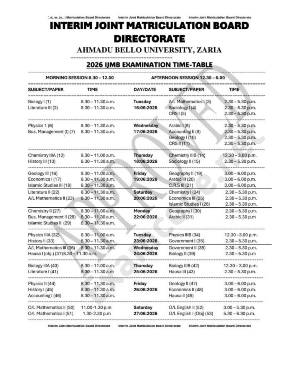 2026 ijmb timetable